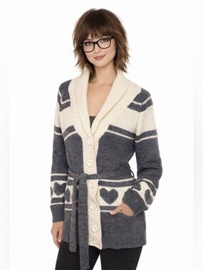 Forever 21 Heart Cardigan Sweater Belted Shawl Collar Gray Cream Cozy Preppy